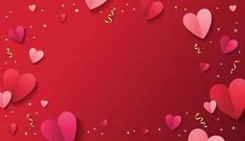 Romantic dark red background for Valentine's Day with paper red and pink hearts and golden confetti vector