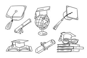 Education contour doodle set with graduating hat and related items. Collection of sketchy outline drawings isolate on white background. Monochrome school or university outline stickers vector