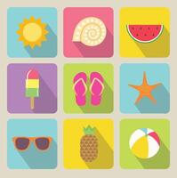 Set of summer flat icons with long shadow. Beach items collection. Watermelon, sea star, ice cream, sunglasses and more vector