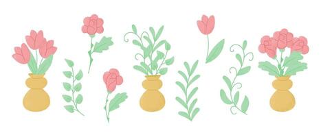 Clipart of hand drawn flowers and bouquets for birthday celebrating in flat candy pastel colors. holiday illustration isolated on white background. vector