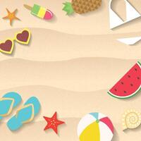 Beach sand background with different summer items flat illustration. Watermelon slice, flip flops, sunglasses and sea stars are in the sand vector