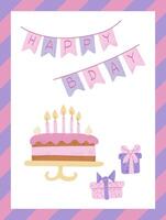 saludo tarjeta con cumpleaños pastel y felicitando guirnalda. infantil fiesta ilustración. tipográfico ilustración en texturizado plano estilo y caramelo colores aislado en blanco antecedentes vector