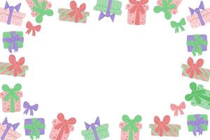 Birthday gifts horizontal banner template with flat drawings of gift boxes in candy pastel colors. holiday illustration isolated on white background vector