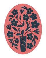 Floral abstract composition in oval shape. Flat duotone hand drawn illustration with bouquet in vase in printmaking technique with grunge texture and scratches. Good for posters vector