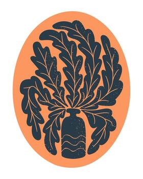 Botanical duotone abstract composition in oval shape. Flat hand drawn illustration with branches in modern vase isolated on white background in printmaking technique with grunge texture and scratches vector