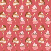 Birthday cupcakes seamless pattern. Holiday food illustration with candles and birthday cake in flat textured style and pastel colors on pink background. vector