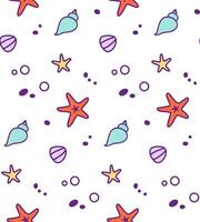 Sea and ocean pattern with starfish and seashells on white background. Cartoon cute illustration for fabric or textile design vector