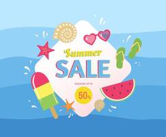 Summer Sale banner design template with text, sunglasses, watermelon and more on blue waved background. Discount up to 50 vector