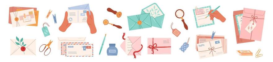 Big set of postal elements. Various envelopes, letters, stamps and postal stationery. Delivery, message, communication concept. vector