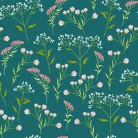 Retro seamless pattern of small flowers on dark green background vector