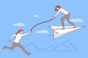 Support partner from business woman flying on paper plane, extending rope to catching up colleague vector