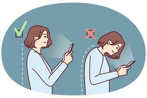 Girl with mobile phone demonstrates correct and incorrect posture while using applications vector