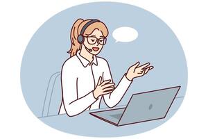 Professional female technical support agent use laptop and headset to consult users vector