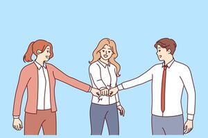 Team of business people extend arms forward, touching fists and demonstrating unity vector