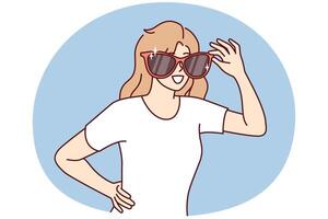 Happy woman with giant sunglasses on face smiles and looks around looking for acquaintances vector