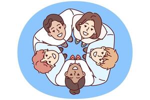 Team diverse businesspeople stand in circle and hugging colleagues look up during team building vector