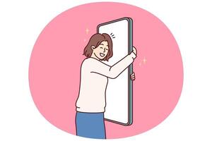 Happy woman hugging giant mobile phone rejoicing at quality and usability of gadget vector