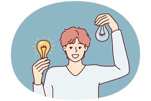 Man holding working and broken light bulbs to show off self-made electricity repair vector