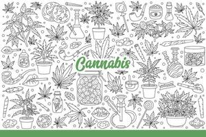 Cannabis in leaves or buds for smoking for relaxation or medical purposes. Hand drawn doodle vector