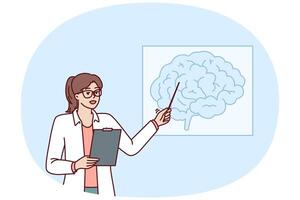 mujer médico enseña neurología señalando a cerebro dibujo durante médico educación curso vector