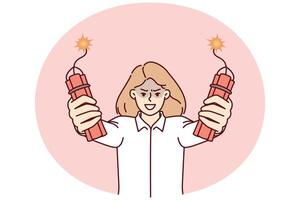 Angry businesswoman holding dynamite in hands threatening to make explosion company employees vector