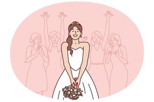 Happy bride preparing to throw bouquet flowers performs traditional ritual for wedding party vector