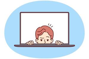 Man with frightened face looks out of laptop screen for concept of non-professional work on Internet vector