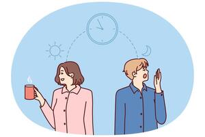 Man and woman experience problems and feel excessive fatigue in early morning or insomnia in evening vector