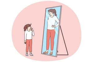 Little girl looks in mirror, saw reflection of adult woman and dreams of becoming adult vector