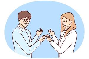 Couple man and woman in business clothes make inviting gesture with hands urging you to visit sale vector