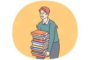 Exhausted man carries large stack of books suffering from overload while preparing for exams vector