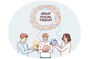 Men in group psychotherapy session trying to solve mental problems at psychiatrist appointment vector