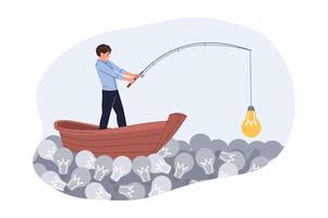 Business man chooses good idea from many bad options, fishing from wooden boat in sea of light bulbs vector