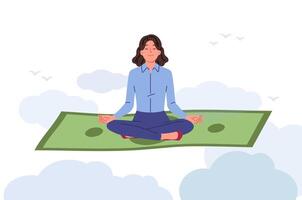 Rich woman meditates sitting on money and enjoying yoga class to increase income vector