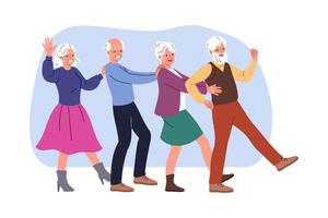 Elderly people dance together at party, rejoicing at long-awaited reunion or retirement vector