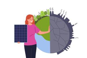 Woman ECO activist with solar panels near planet, calling for development of alternative energy vector
