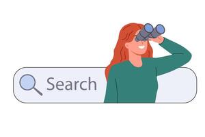 Woman uses internet search for educational research, stands with binoculars in hands near search bar vector