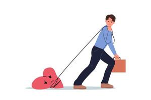 Business man goes to work with pain in heart tied to rope, suffering due to problem in personal life vector