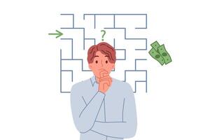 Business man is thinking about way to get rich and get money from company, standing near maze vector