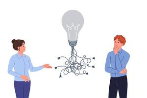 Business idea with many ways of implementation in form of light bulb with wires near man and woman vector