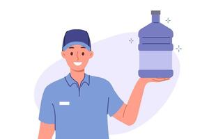 Man delivering water for cooler holds large bottle and smiles, offering to purchase mineral aqua vector