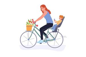 Mother rides bicycle with little son and enjoys opportunity for summer recreation in fresh air vector