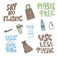 Plastic free concept with text and symbols. vector