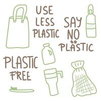 Plastic free concept with text and symbols. vector