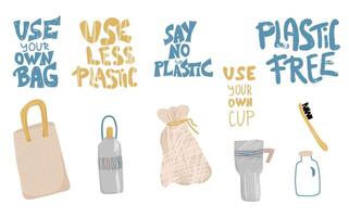 Plastic free concept with text and symbols. vector