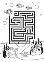 Mini-games for children. preschoolers. maze, help the fish get to the house. Picture with cartoon fish. Games 3-4 years. Mini-games for children. Development of logic. black and white image vector