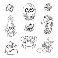 conjunto de marina animales destacado en blanco. pulpo, pez, calamar y cangrejo, caballo de mar y estrella de mar. ilustración en el estilo de un dibujos animados. negro y blanco imagen vector