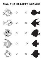 mini juegos para niños. encontrar el sombra de el pez, conectar el pescado con sus sombra. sencillo lógica juegos para preescolares negro y blanco imagen vector