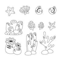 Marine set, anemones, algae and coral in a simple cartoon style. Color graphics for books and posters. children guides. black and white image vector