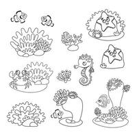 Marine set, anemones, algae and coral in a simple cartoon style. Color graphics for books and posters. children guides. black and white image vector